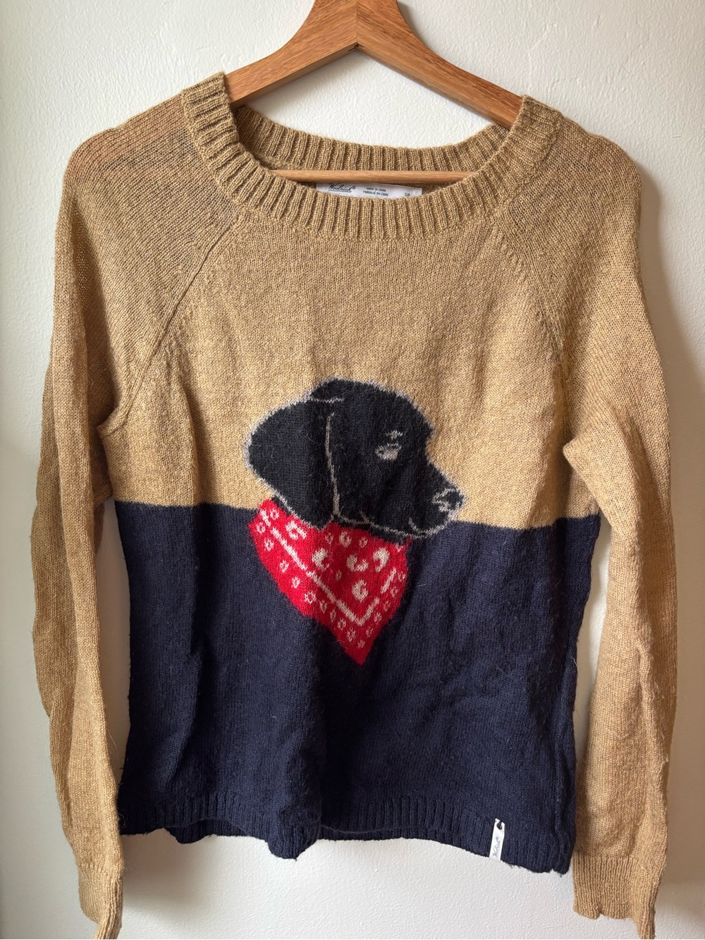 Woolrich Tan and Navy Sweater with Black Dog and Red Bandana